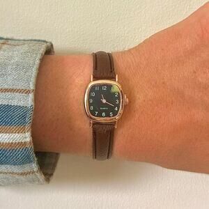 Y2K Rose Gold Brown Leather Quartz Watch with Black Dial Unisex 8.5" New